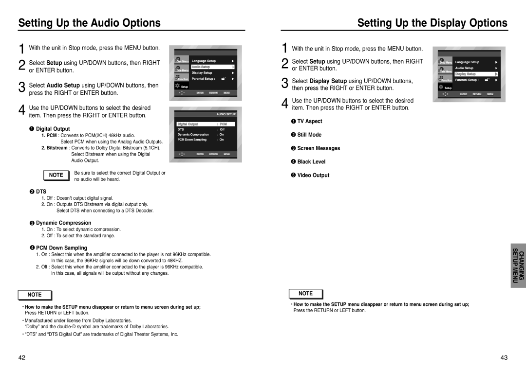 Samsung DVD-P240 manual Setting Up the Audio Options Setting Up the Display Options, Dts, No audio will be heard 