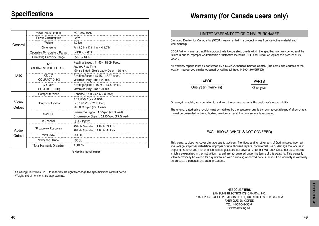 Samsung DVD-P240 manual Specifications, Warranty for Canada users only 