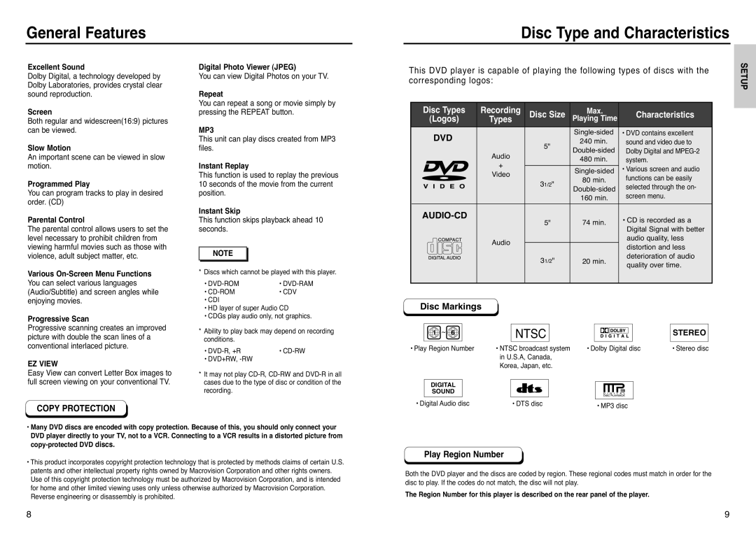 Samsung DVD-P240 General Features Disc Type and Characteristics, Corresponding logos, Disc Markings, Play Region Number 