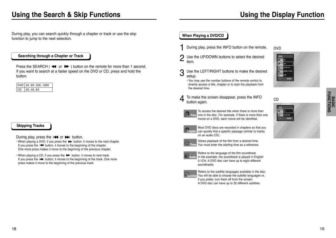 Samsung DVD-P241 manual Searching through a Chapter or Track, Skipping Tracks, During play, press the or button 