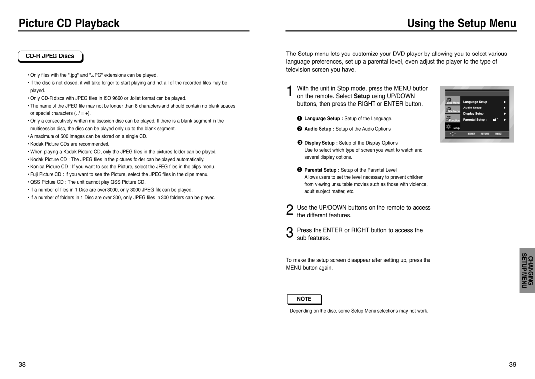 Samsung DVD-P241 manual Using the Setup Menu, CD-R Jpeg Discs, Buttons, then press the Right or Enter button 