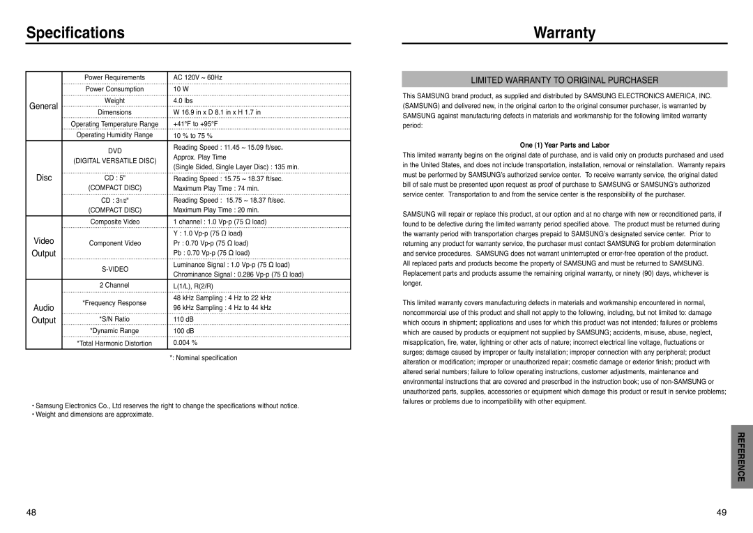 Samsung DVD-P241 manual Specifications, Warranty, One 1 Year Parts and Labor 