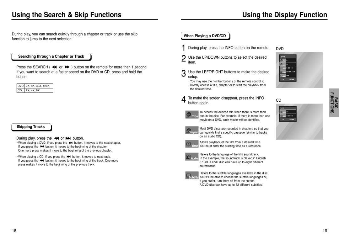 Samsung DVD-P241 manual Using the Search & Skip Functions, Using the Display Function, Searching through a Chapter or Track 
