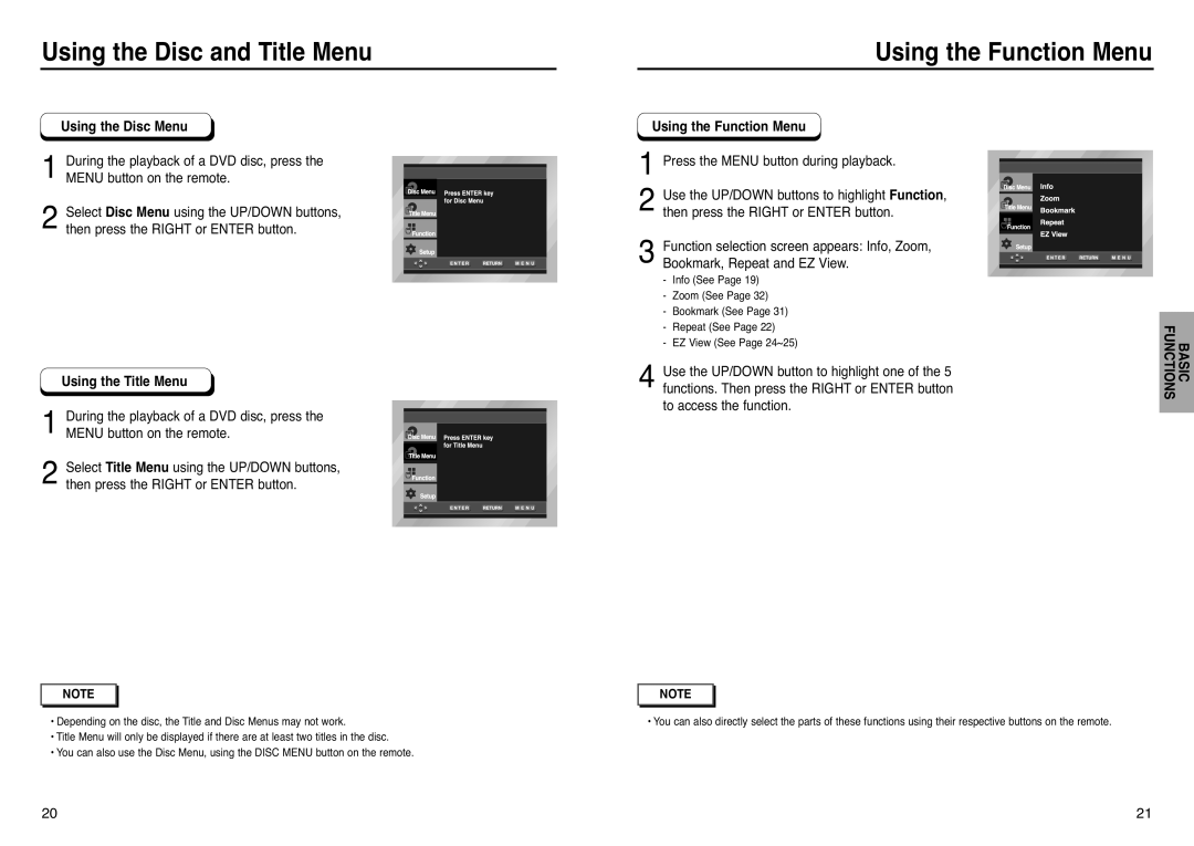 Samsung DVD-P241 manual Using the Function Menu 