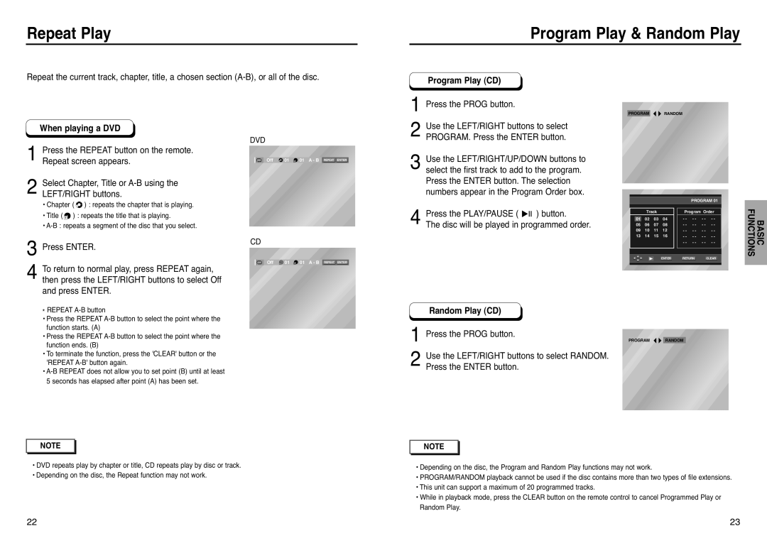 Samsung DVD-P241 Program Play & Random Play, Press the REPEAT button on the remote, Repeat screen appears, Press ENTER 
