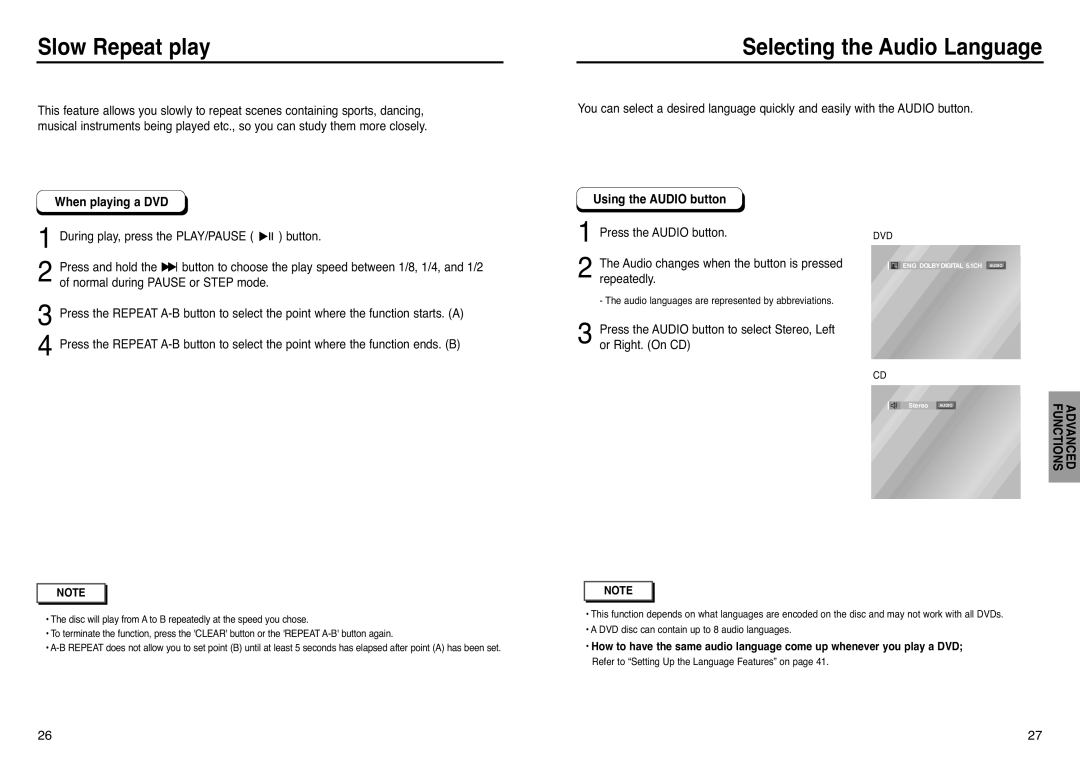 Samsung DVD-P241 manual Slow Repeat play, Selecting the Audio Language, When playing a DVD, Using the AUDIO button 