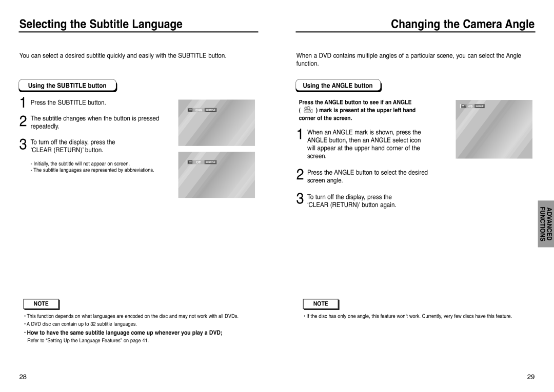 Samsung DVD-P241 manual Selecting the Subtitle Language, Changing the Camera Angle, Using the SUBTITLE button 