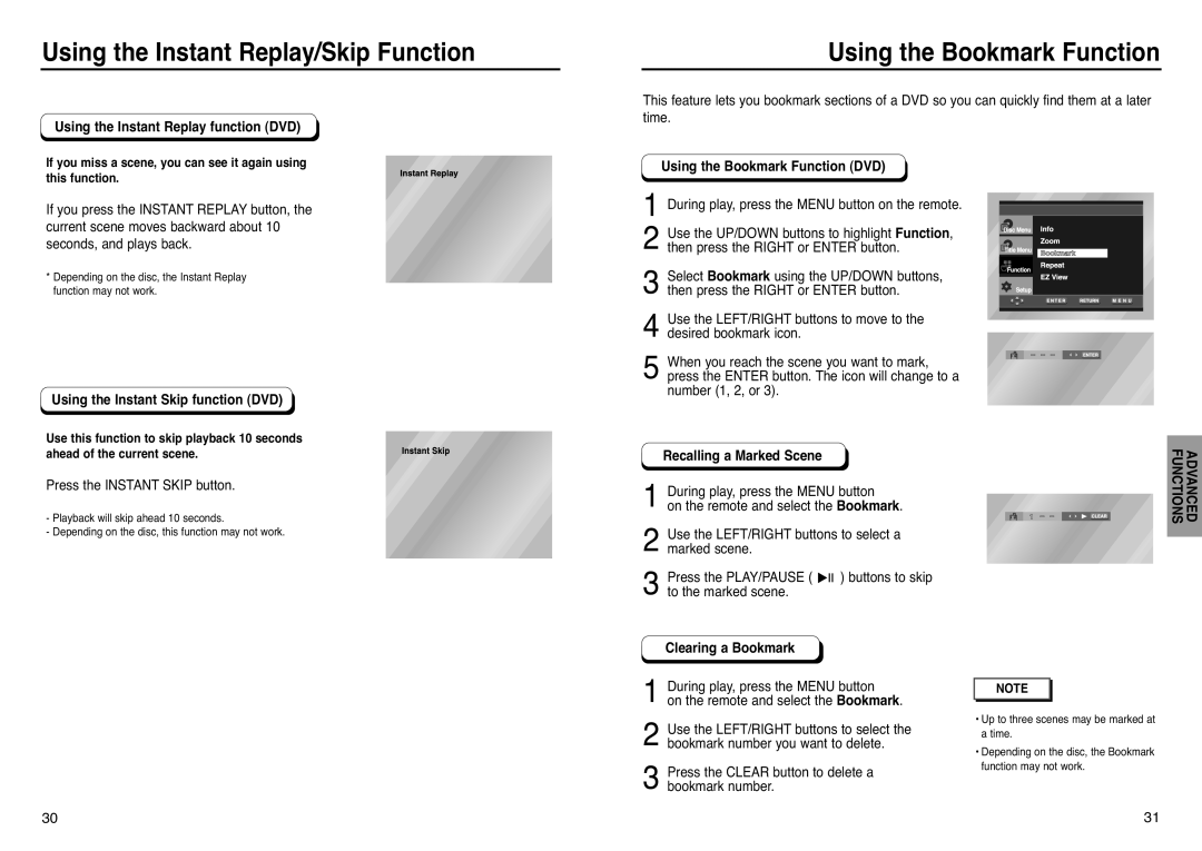 Samsung DVD-P241 manual Using the Instant Replay/Skip Function, Using the Instant Replay function DVD, Clearing a Bookmark 