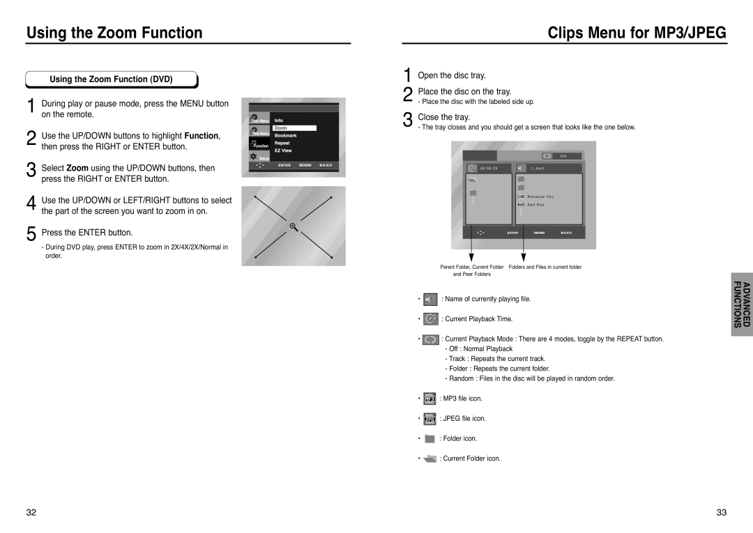 Samsung DVD-P241 manual Clips Menu for MP3/JPEG, Using the Zoom Function DVD, Press the ENTER button, Close the tray 