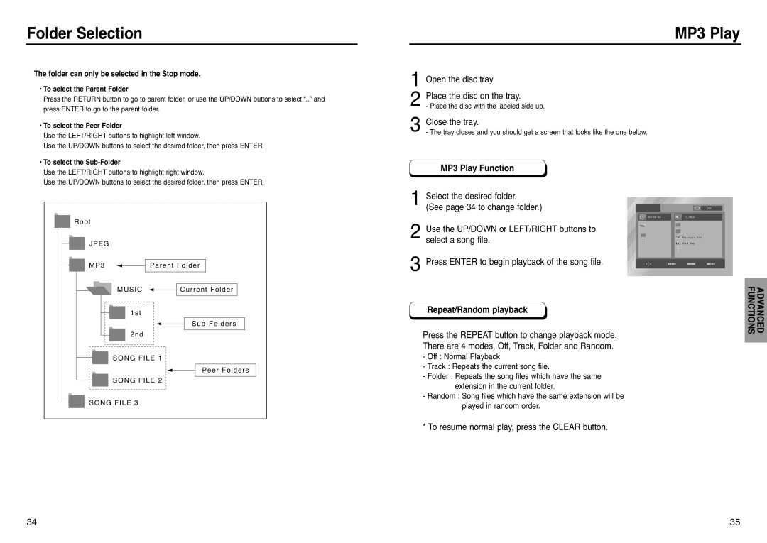 Samsung DVD-P241 manual Folder Selection, MP3 Play Function, Repeat/Random playback 