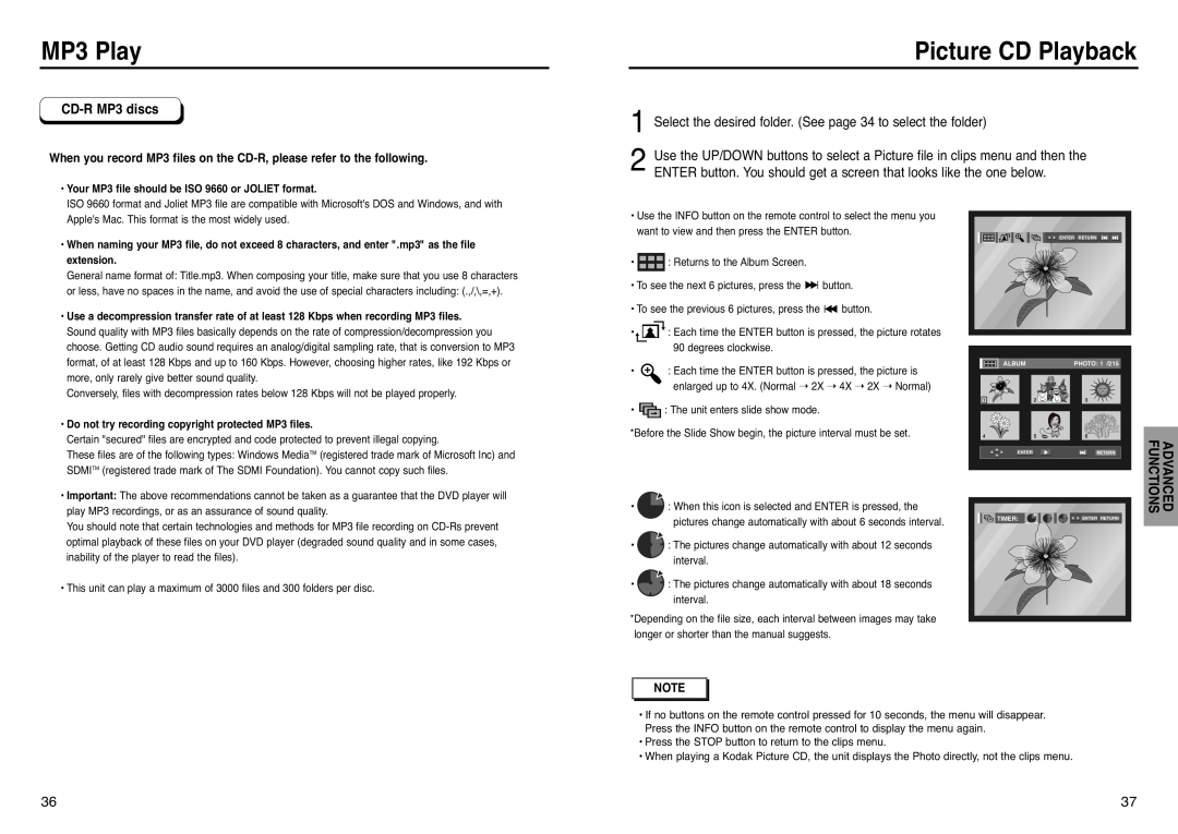 Samsung DVD-P241 manual Picture CD Playback, CD-R MP3 discs, Select the desired folder. See page 34 to select the folder 