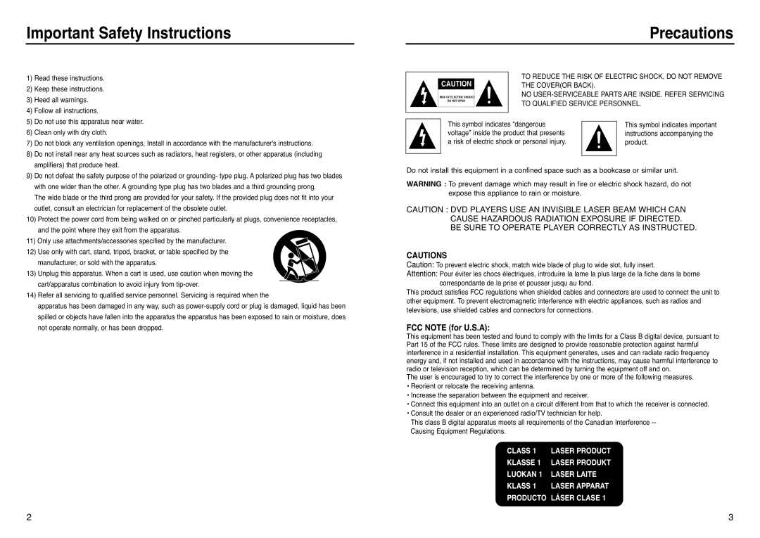 Samsung DVD-P241 manual Important Safety Instructions, Precautions, Cautions, FCC NOTE for U.S.A 