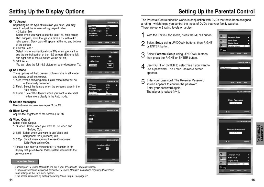 Samsung DVD-P241 manual Setting Up the Parental Control, TV Aspect, Still Mode, Screen Messages, Black Level, Video Output 