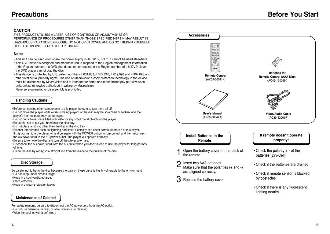 Samsung DVD-P241 manual Precautions, Before You Start, Handling Cautions, Accessories, Disc Storage, Maintenance of Cabinet 