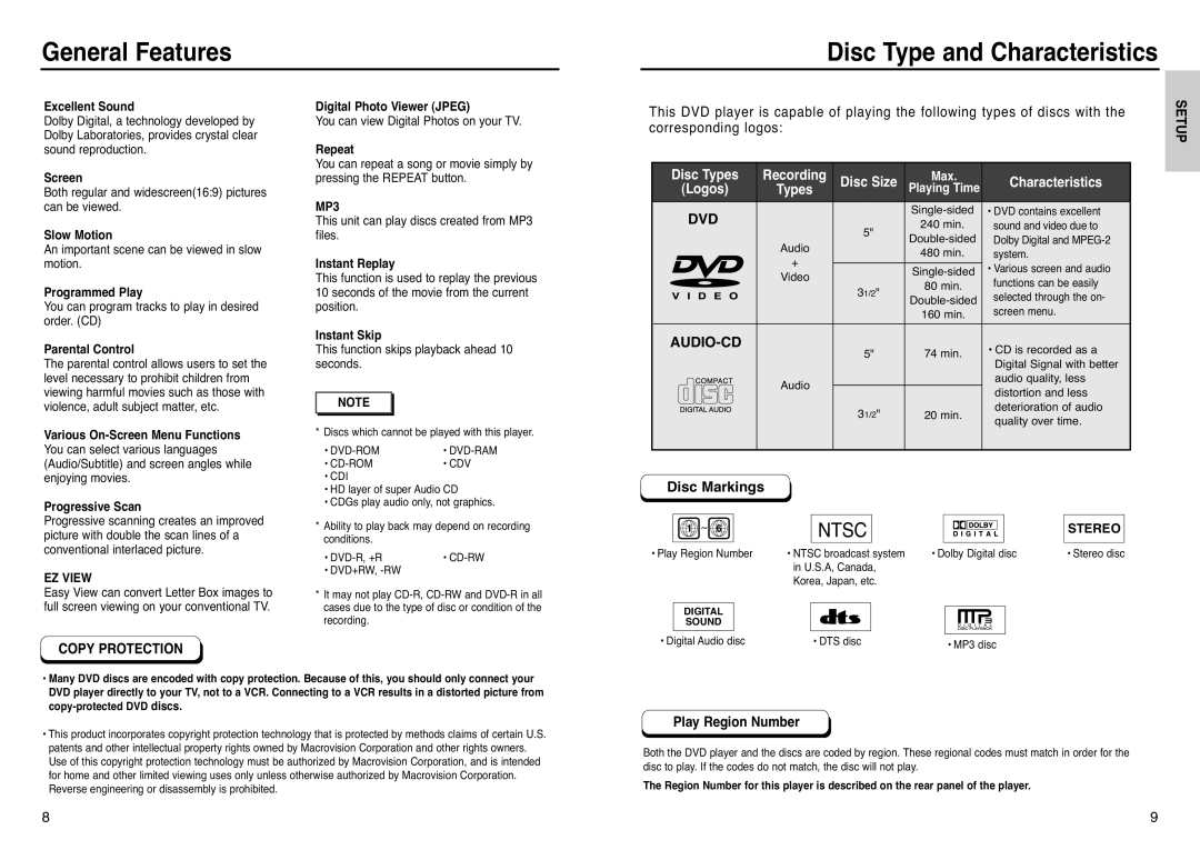 Samsung DVD-P241 General Features, Disc Type and Characteristics, corresponding logos, Disc Size, Audio-Cd, Disc Markings 