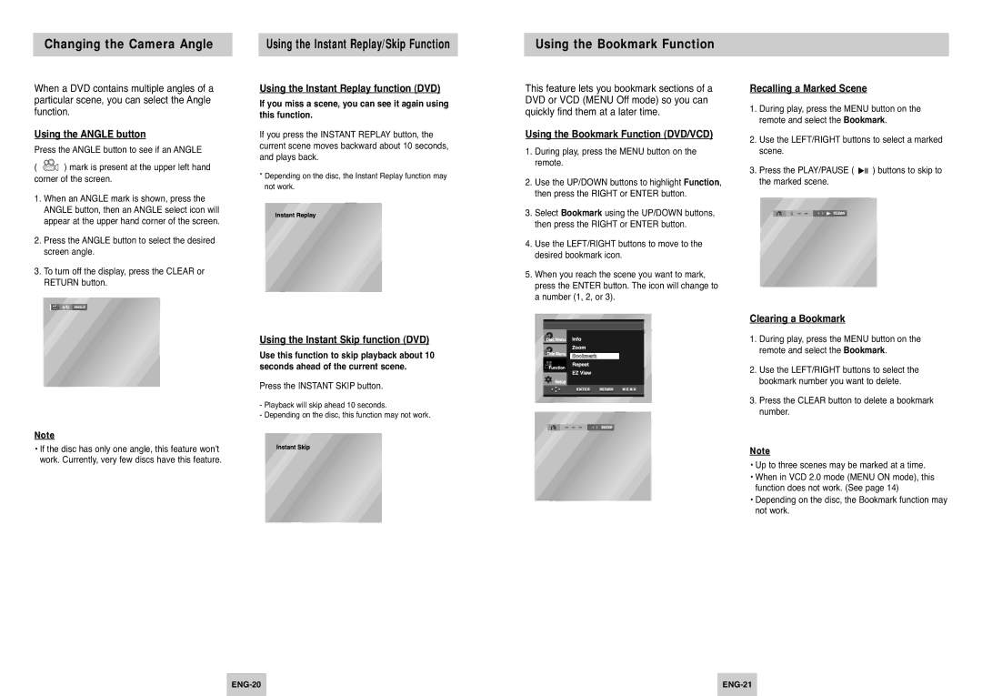 Samsung DVD-P242B manual Changing the Camera Angle, Using the Instant Replay/Skip Function, Using the Bookmark Function 