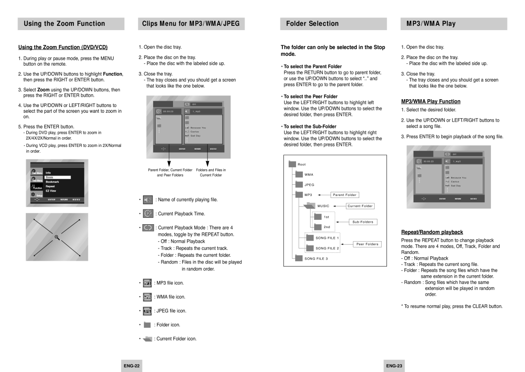 Samsung DVD-P242B manual Using the Zoom Function, Folder Selection MP3/WMA Play 