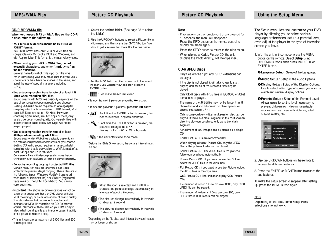 Samsung DVD-P242B manual MP3/WMA Play Picture CD Playback Using the Setup Menu, CD-R MP3/WMA file, CD-R Jpeg Discs 