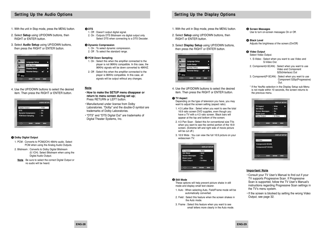 Samsung DVD-P242B manual Setting Up the Audio Options, Setting Up the Display Options 