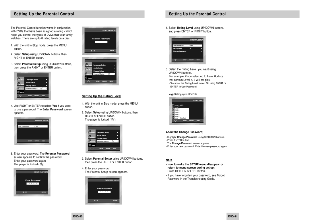 Samsung DVD-P242B manual Setting Up the Parental Control, Setting Up the Rating Level, About the Change Password 