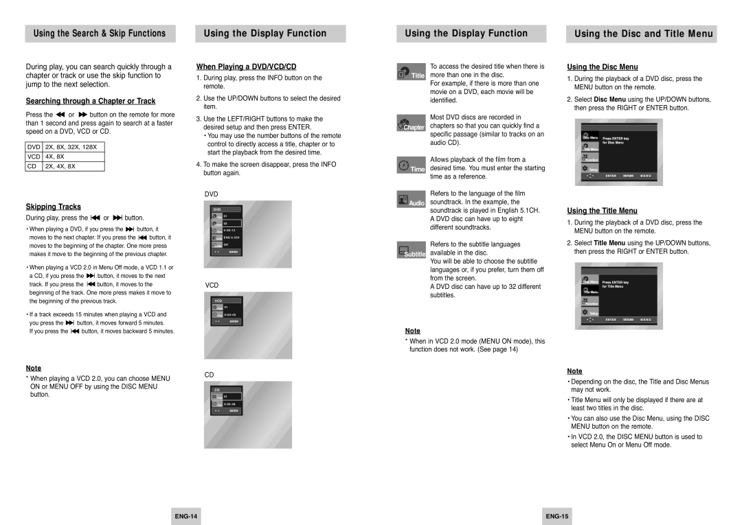 Samsung DVD-P242B manual Using the Display Function Using the Disc and Title Menu 