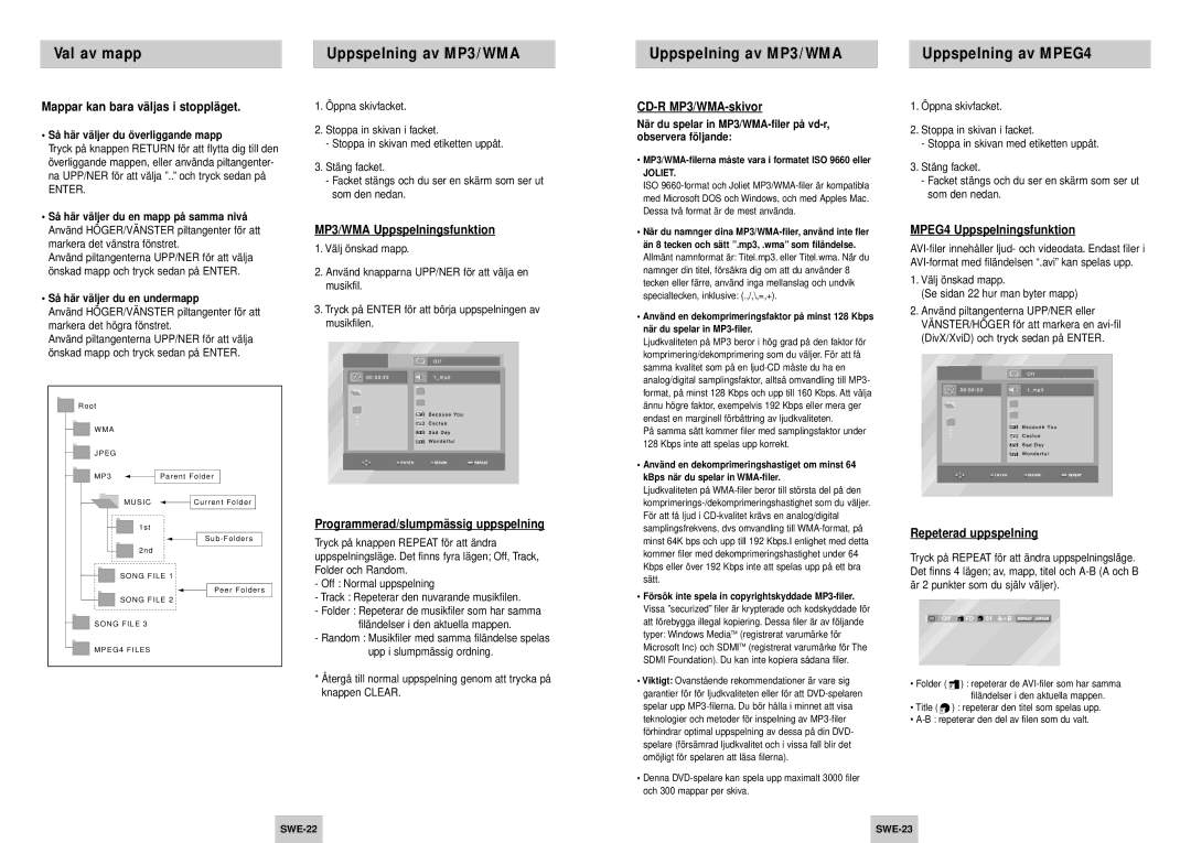 Samsung DVD-P245/XEE manual Val av mapp Uppspelning av MP3/WMA Uppspelning av MPEG4 