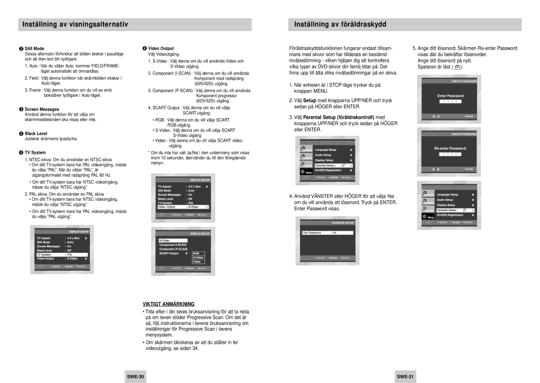 Samsung DVD-P245/XEE manual Inställning av föräldraskydd 