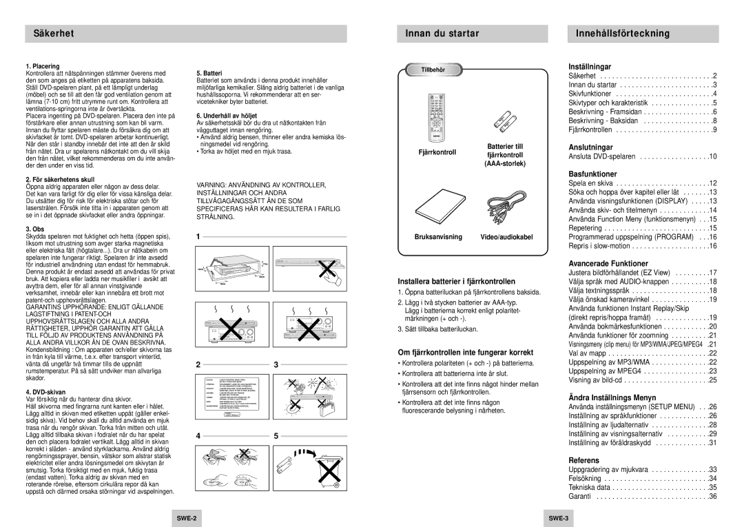 Samsung DVD-P245/XEE manual Säkerhet Innan du startar Innehållsförteckning 