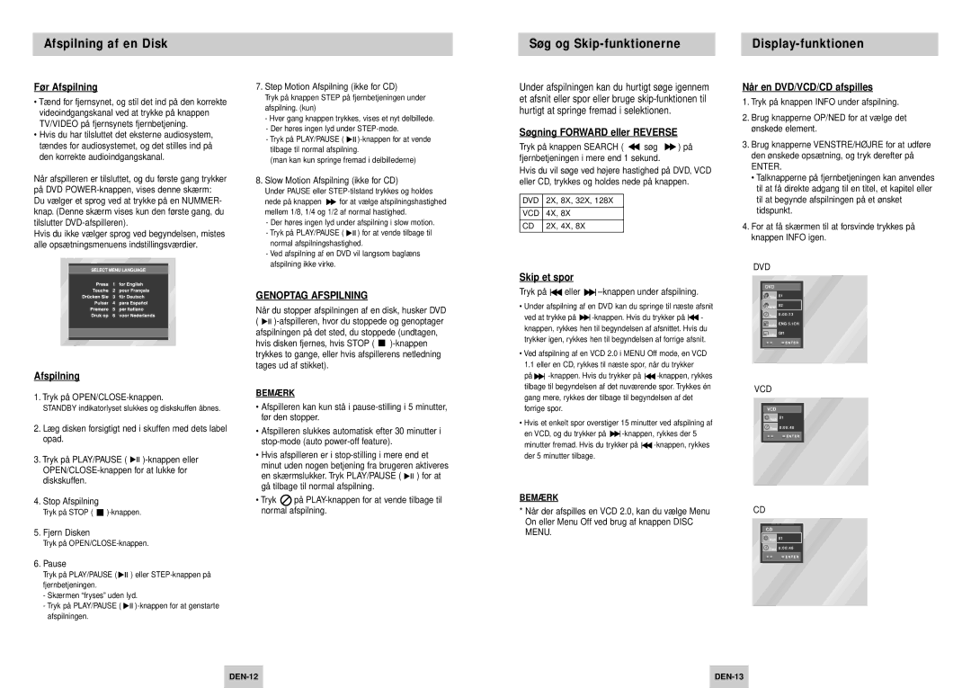 Samsung DVD-P245/XEE manual Genoptag Afspilning 