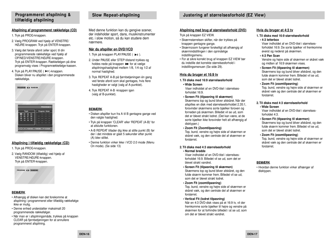 Samsung DVD-P245/XEE manual Afspilning af programmeret rækkefølge CD, Afspilning i tilfældig rækkefølge CD 