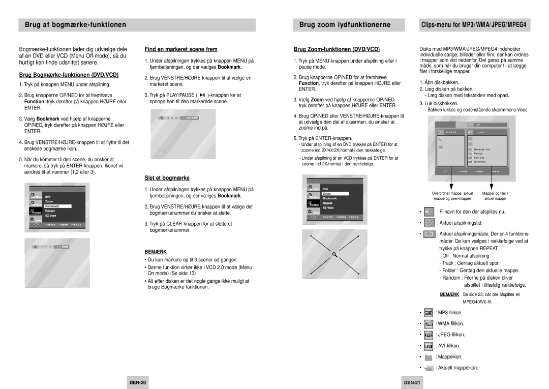 Samsung DVD-P245/XEE manual Brug af bogmærke-funktionen Brug zoom lydfunktionerne 