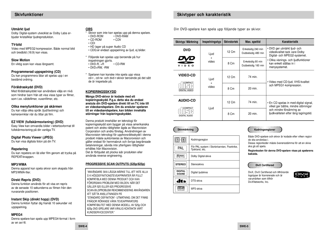 Samsung DVD-P245/XEE manual Skivfunktioner, Skivtyper och karakteristik 