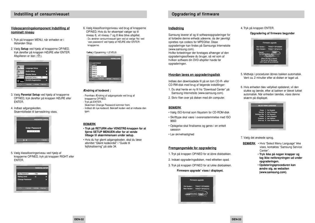 Samsung DVD-P245/XEE manual Opgradering af firmware, Videoscanningskomponent Indstilling af nominelt niveau, Indledning 