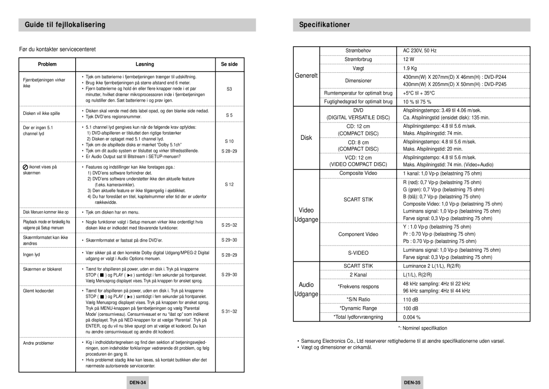 Samsung DVD-P245/XEE manual Guide til fejllokalisering, Specifikationer, Problem Løsning Se side 