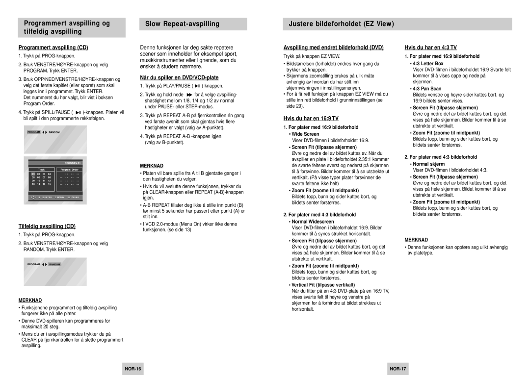 Samsung DVD-P245/XEE manual Programmert avspilling og tilfeldig avspilling, Slow Repeat-avspilling 