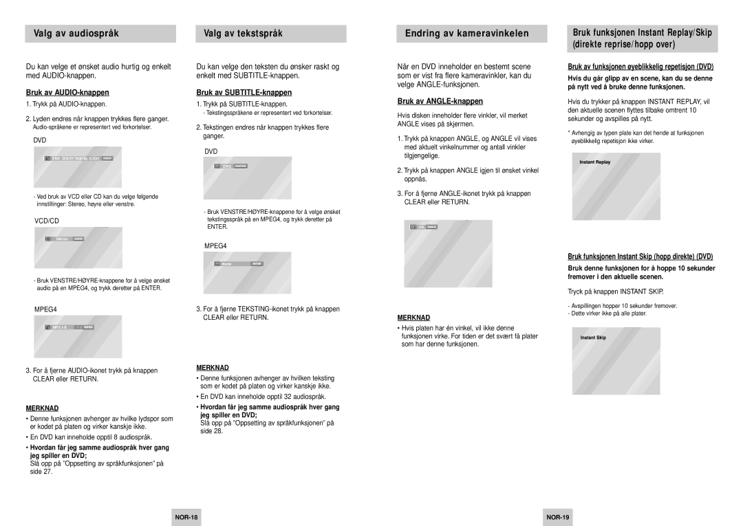 Samsung DVD-P245/XEE manual Valg av audiospråk, Valg av tekstspråk, Endring av kameravinkelen 