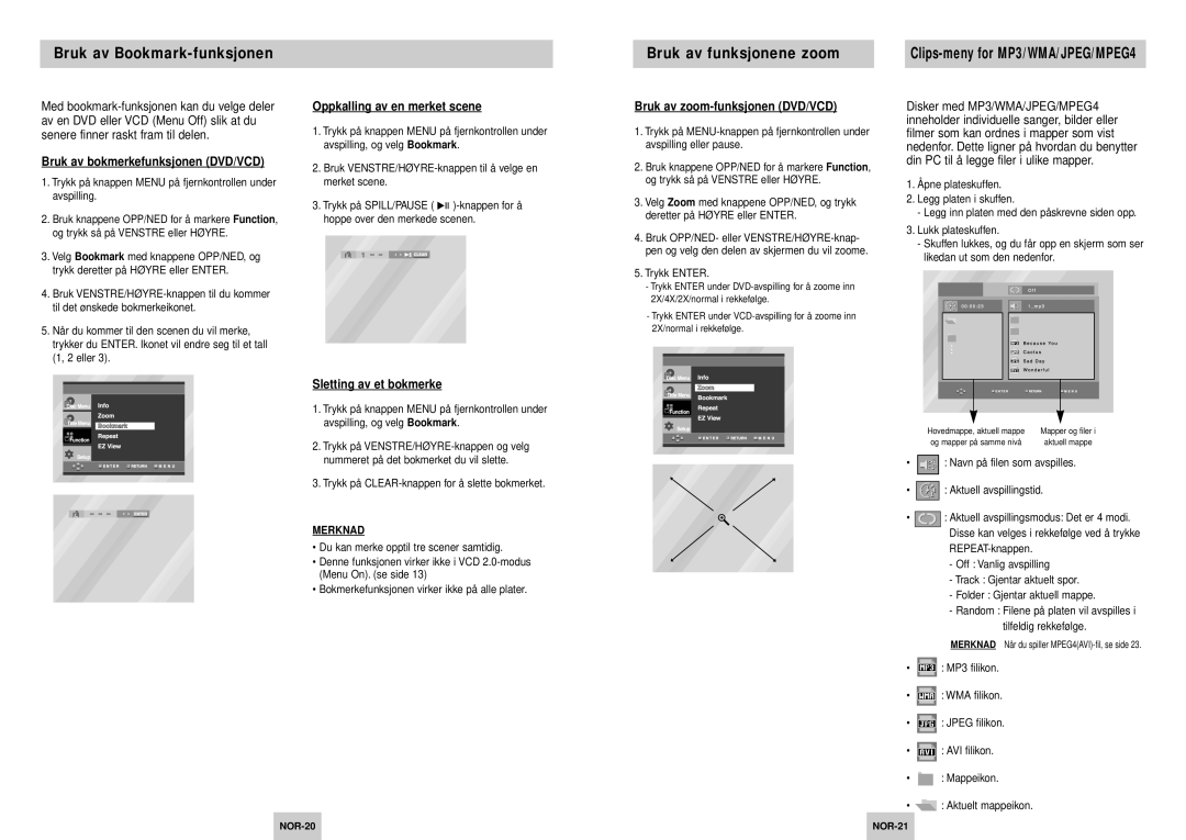 Samsung DVD-P245/XEE manual Bruk av Bookmark-funksjonen Bruk av funksjonene zoom, Bruk av bokmerkefunksjonen DVD/VCD 