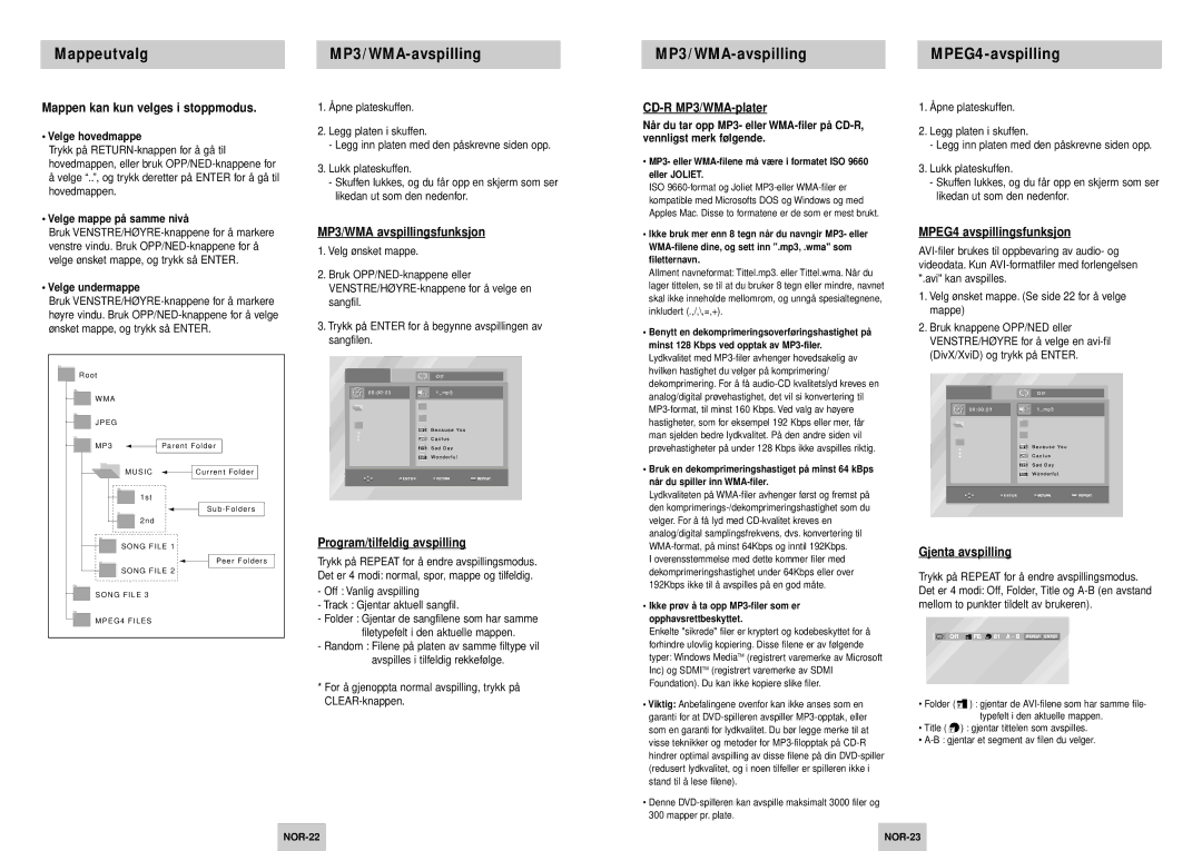 Samsung DVD-P245/XEE manual Mappen kan kun velges i stoppmodus, MP3/WMA avspillingsfunksjon, CD-R MP3/WMA-plater 