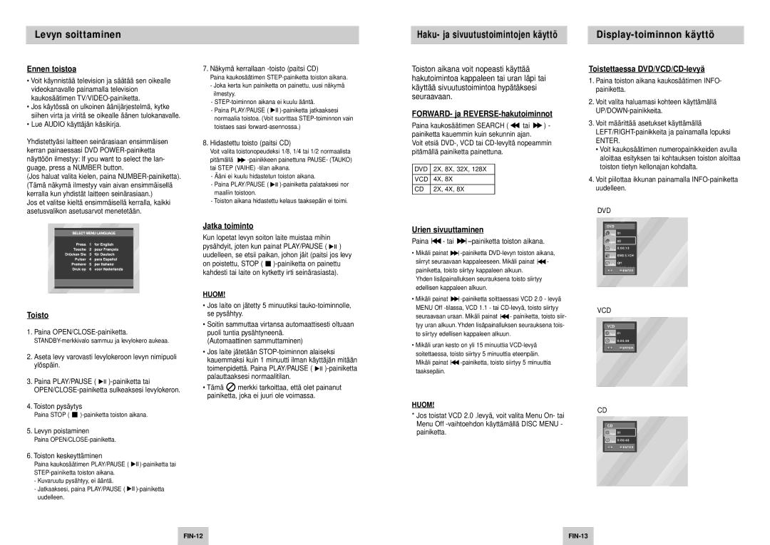 Samsung DVD-P245/XEE manual Levyn soittaminen, Display-toiminnon käyttö 