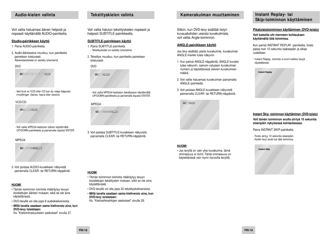 Samsung DVD-P245/XEE manual Audio-kielen valinta, Tekstityskielen valinta, Kamerakulman muuttaminen 