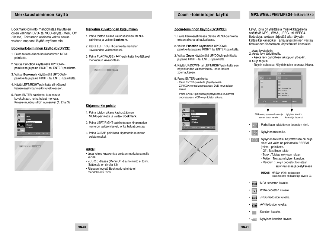 Samsung DVD-P245/XEE manual Merkkaustoiminnon käyttö Zoom -toimintojen käyttö 