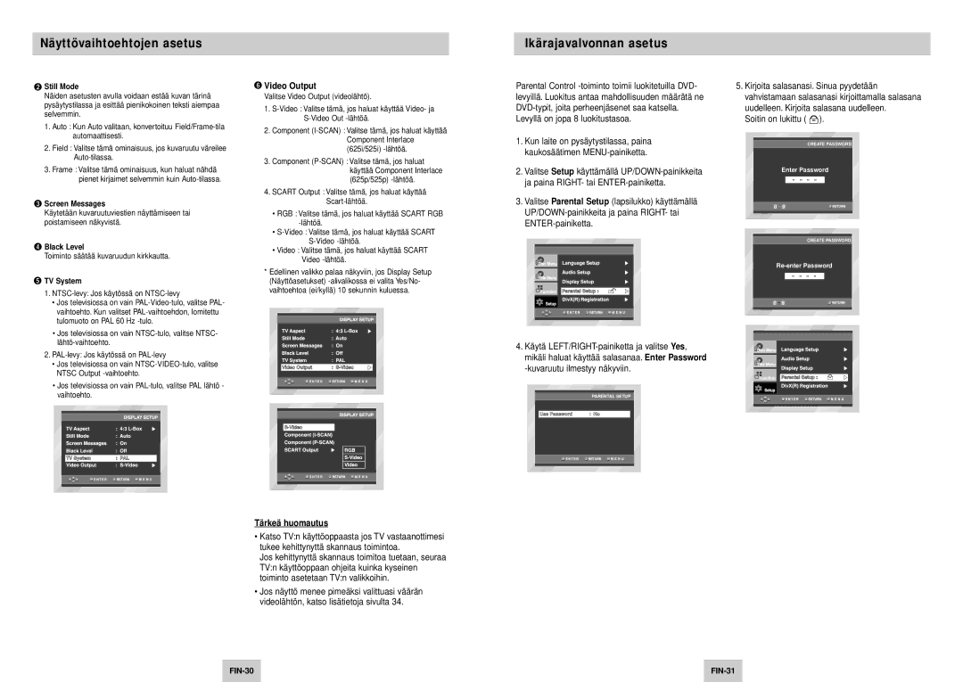 Samsung DVD-P245/XEE Ikärajavalvonnan asetus, Video Output, Soitin on lukittu, Toiminto sää tää kuvaruudun kirkkautta 