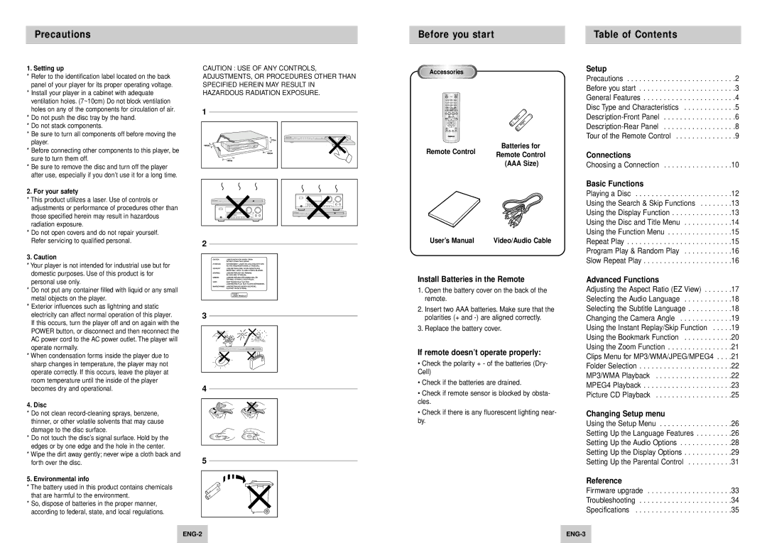 Samsung DVD-P245/XEE manual Precautions, Before you start, Table of Contents 