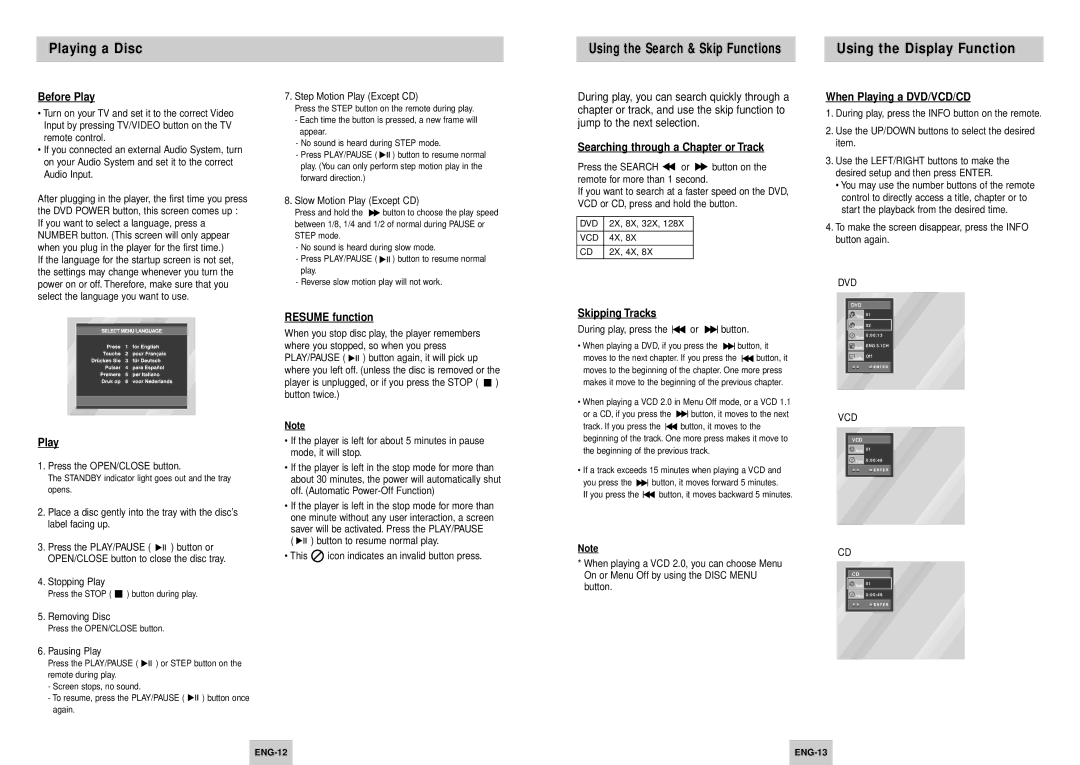 Samsung DVD-P245/XEE manual Playing a Disc, Using the Display Function 