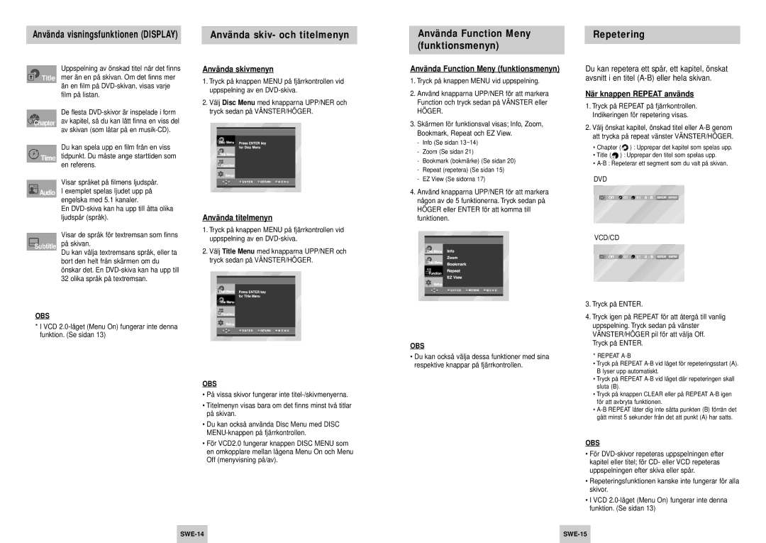 Samsung DVD-P245/XEE manual Använda skiv- och titelmenyn, Använda Function Meny funktionsmenyn Repetering 