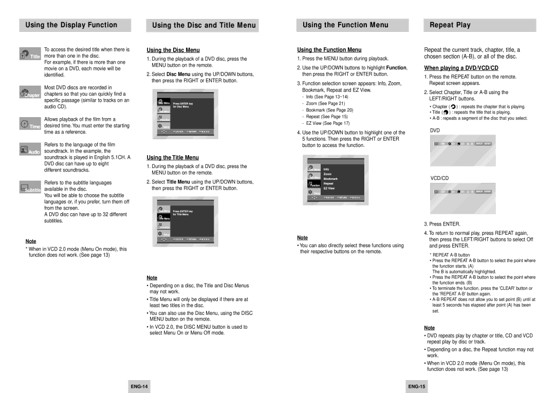 Samsung DVD-P245/XEE manual Using the Disc Menu, Using the Title Menu, Using the Function Menu, ENG-14 ENG-15 