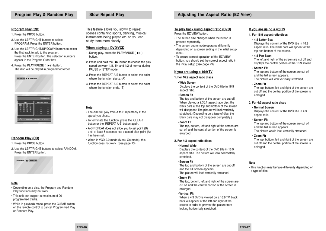 Samsung DVD-P245/XEE manual Program Play CD, Random Play CD, When playing a DVD/VCD, To play back using aspect ratio DVD 