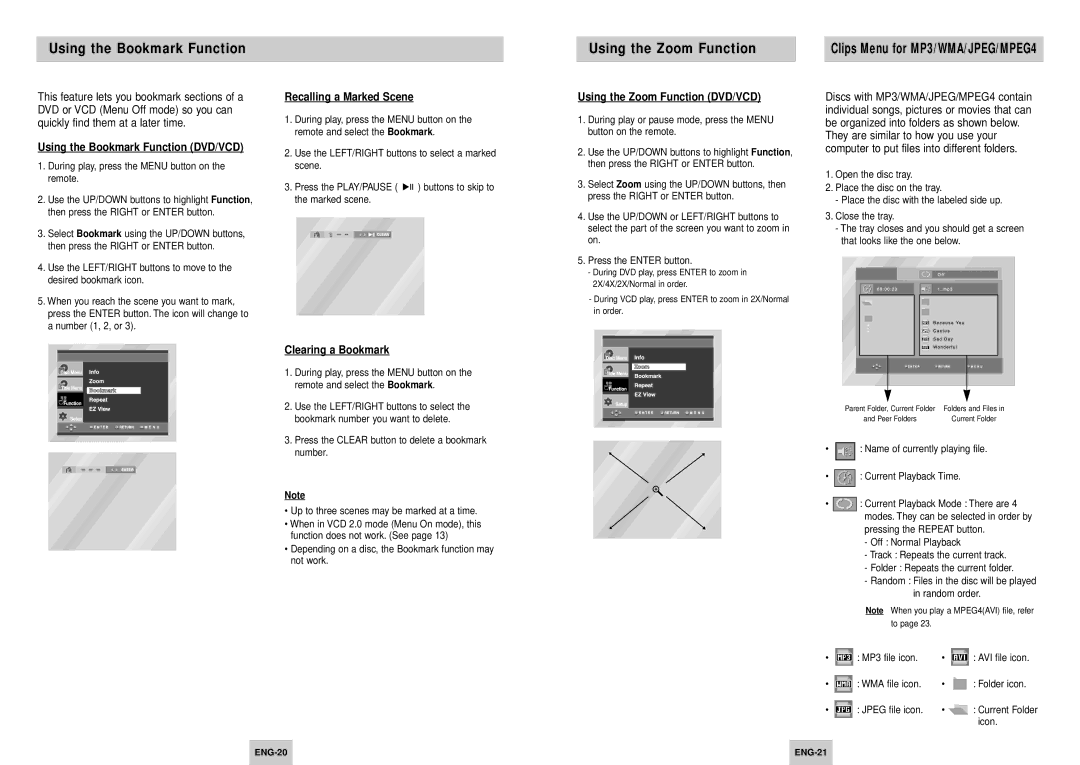 Samsung DVD-P245/XEE manual Using the Bookmark Function Using the Zoom Function, Clips Menu for MP3/WMA/JPEG/MPEG4 