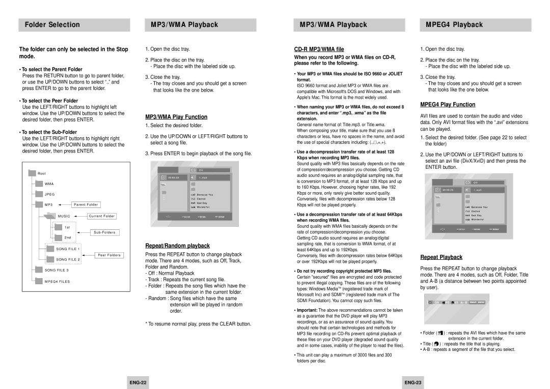 Samsung DVD-P245/XEE manual Folder Selection MP3/WMA Playback MPEG4 Playback 