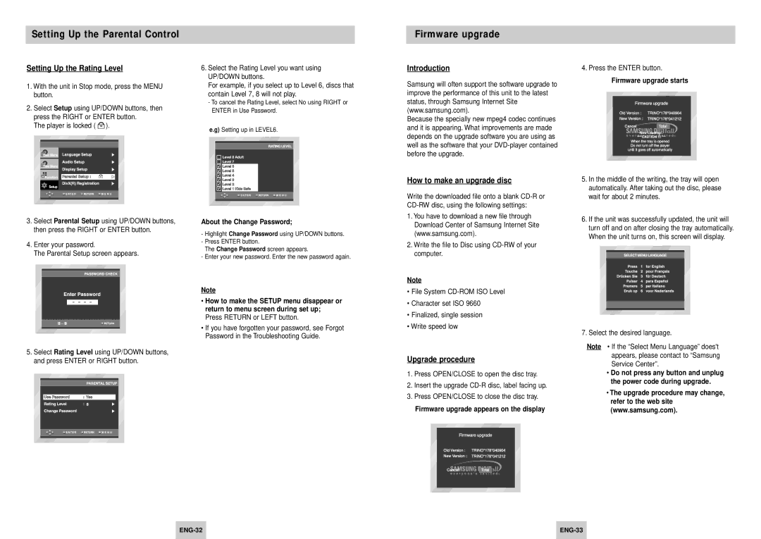 Samsung DVD-P245/XEE manual Firmware upgrade, Setting Up the Rating Level, Introduction, How to make an upgrade disc 